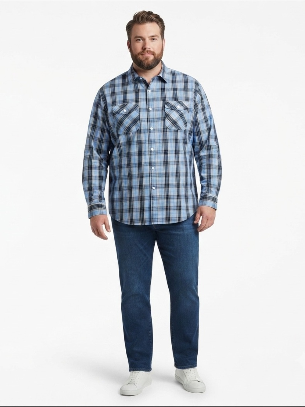 Haggar Men's Light Blue and Black Plaid Shirt